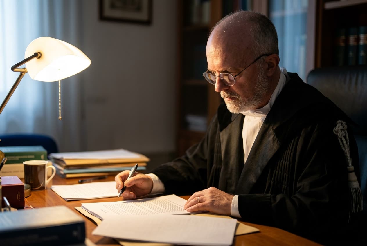 L&rsquo;Avv. Bacchini esamina un documento alla scrivania